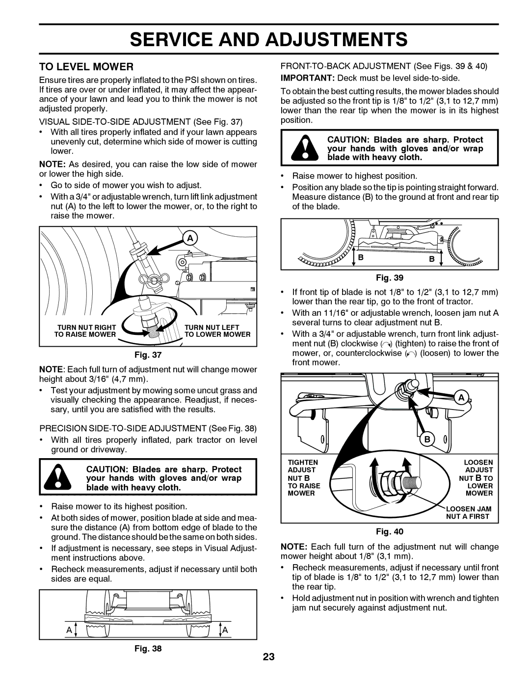 Husqvarna GT48XLSi warranty To Level Mower, Mower, or, counterclockwise Loosen to lower Front mower 