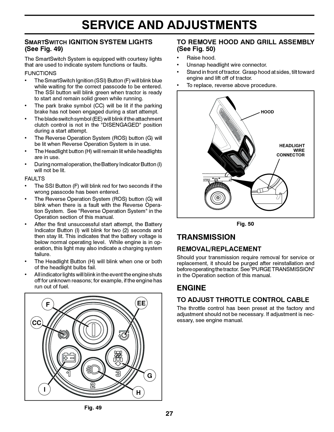 Husqvarna GT48XLSi Transmission, Smartswitch Ignition System Lights See Fig, To Remove Hood and Grill Assembly See Fig 