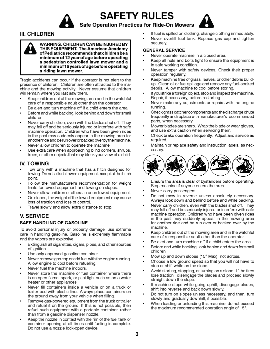 Husqvarna GT48XLSi warranty III. Children, IV. Towing, Safe Handling of Gasoline, General Service 