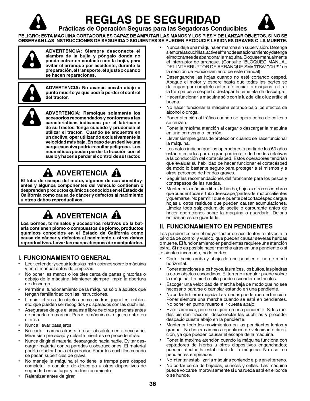 Husqvarna GT48XLSi warranty Reglas DE Seguridad, Advertencia, Funcionamiento General, II. Funcionamiento EN Pendientes 