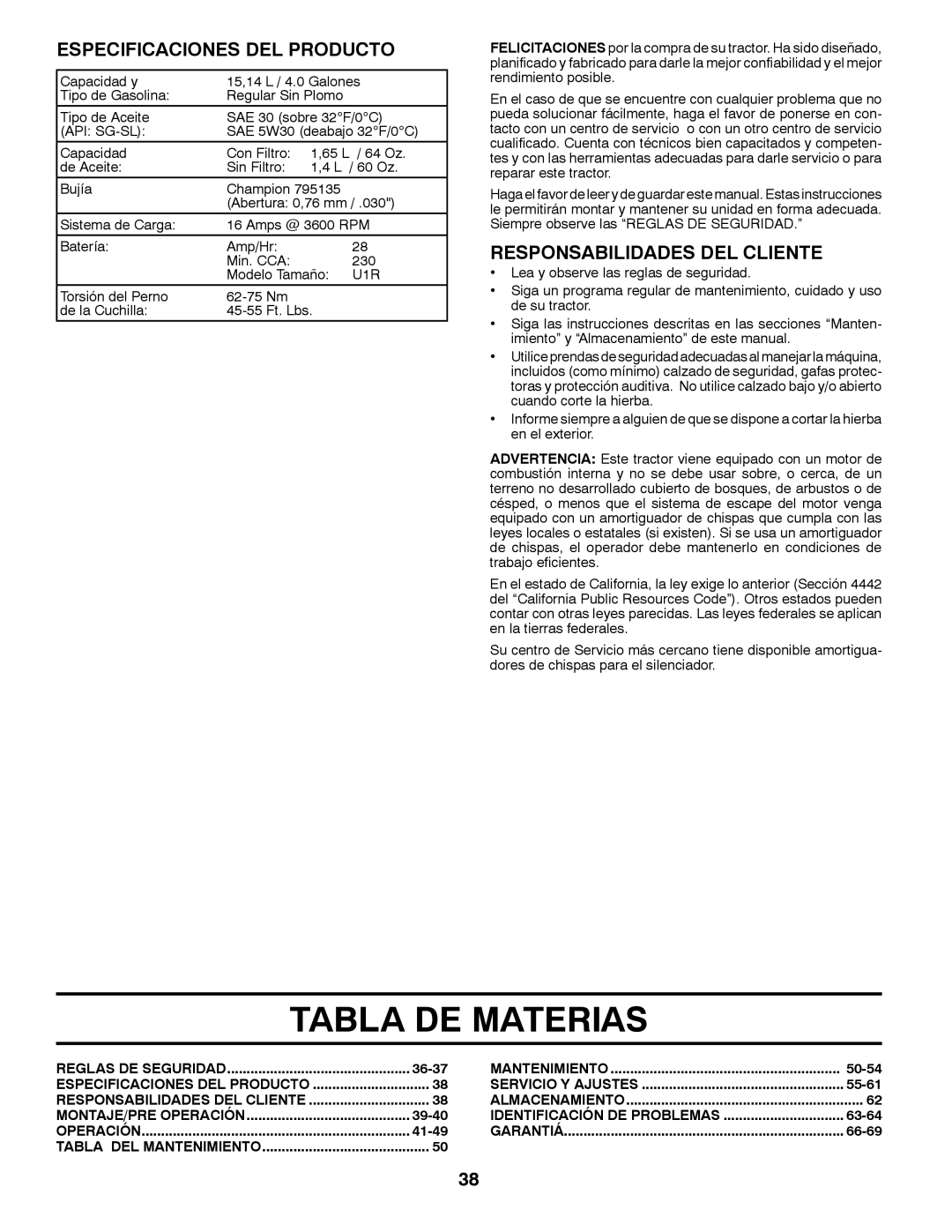 Husqvarna GT48XLSi warranty Tabla DE Materias, Especificaciones DEL Producto, Responsabilidades DEL Cliente 