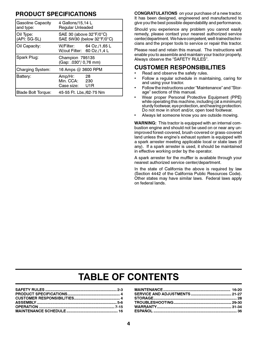 Husqvarna GT48XLSi warranty Table of Contents 