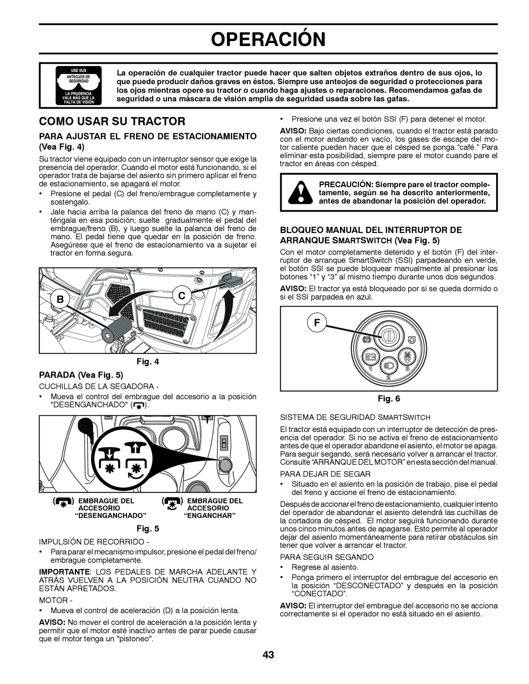 Husqvarna GT48XLSi warranty Como Usar SU Tractor, Para Ajustar EL Freno DE Estacionamiento Vea Fig, Parada Vea Fig 