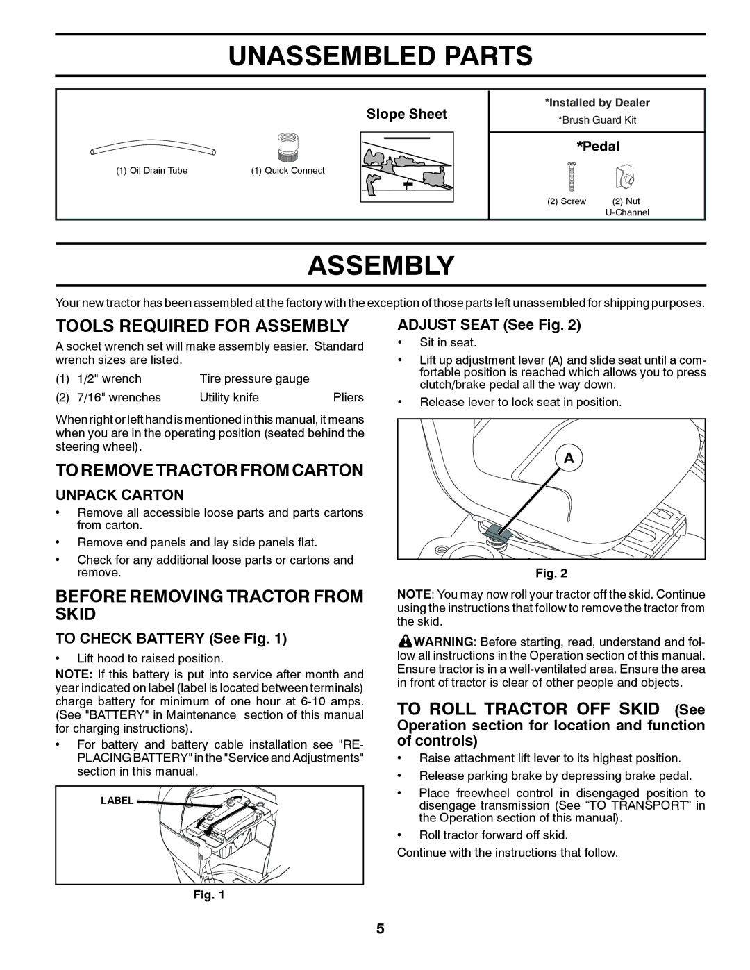 Husqvarna GT48XLSi warranty Unassembled Parts, Tools Required for Assembly, Toremovetractorfromcarton 