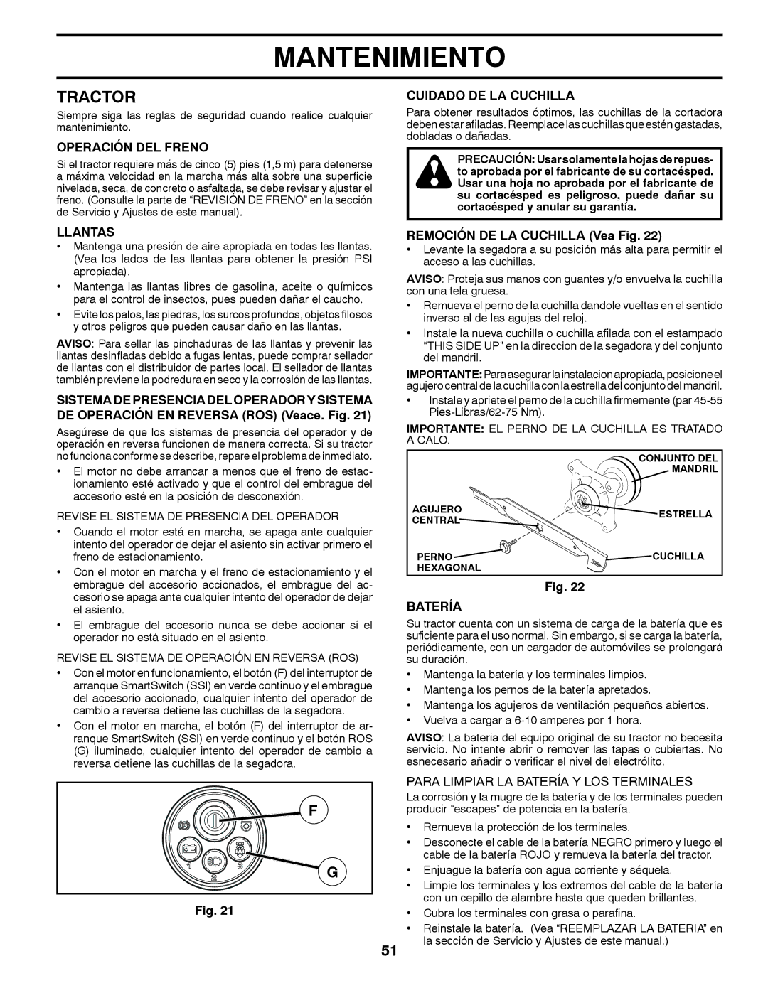 Husqvarna GT48XLSi warranty Tractor, Operación DEL Freno, Cuidado DE LA Cuchilla, Llantas, Batería 