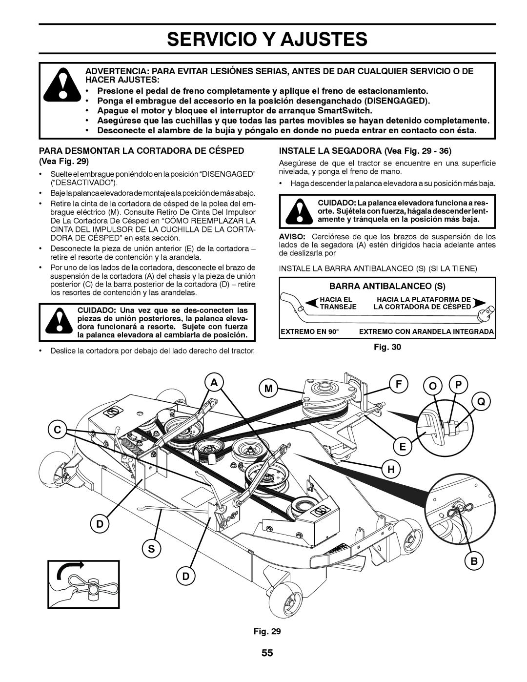 Husqvarna GT48XLSi warranty Servicio Y Ajustes, Instale LA Segadora Vea, Barra Antibalanceo S 