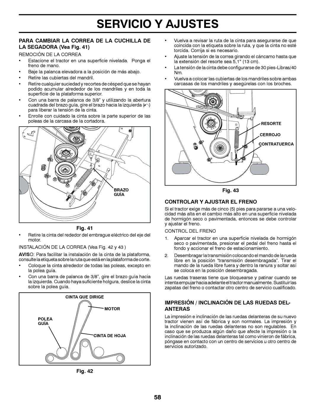 Husqvarna GT48XLSi warranty Controlar Y Ajustar EL Freno, Impresión / Inclinación DE LAS Ruedas DEL- Anteras 