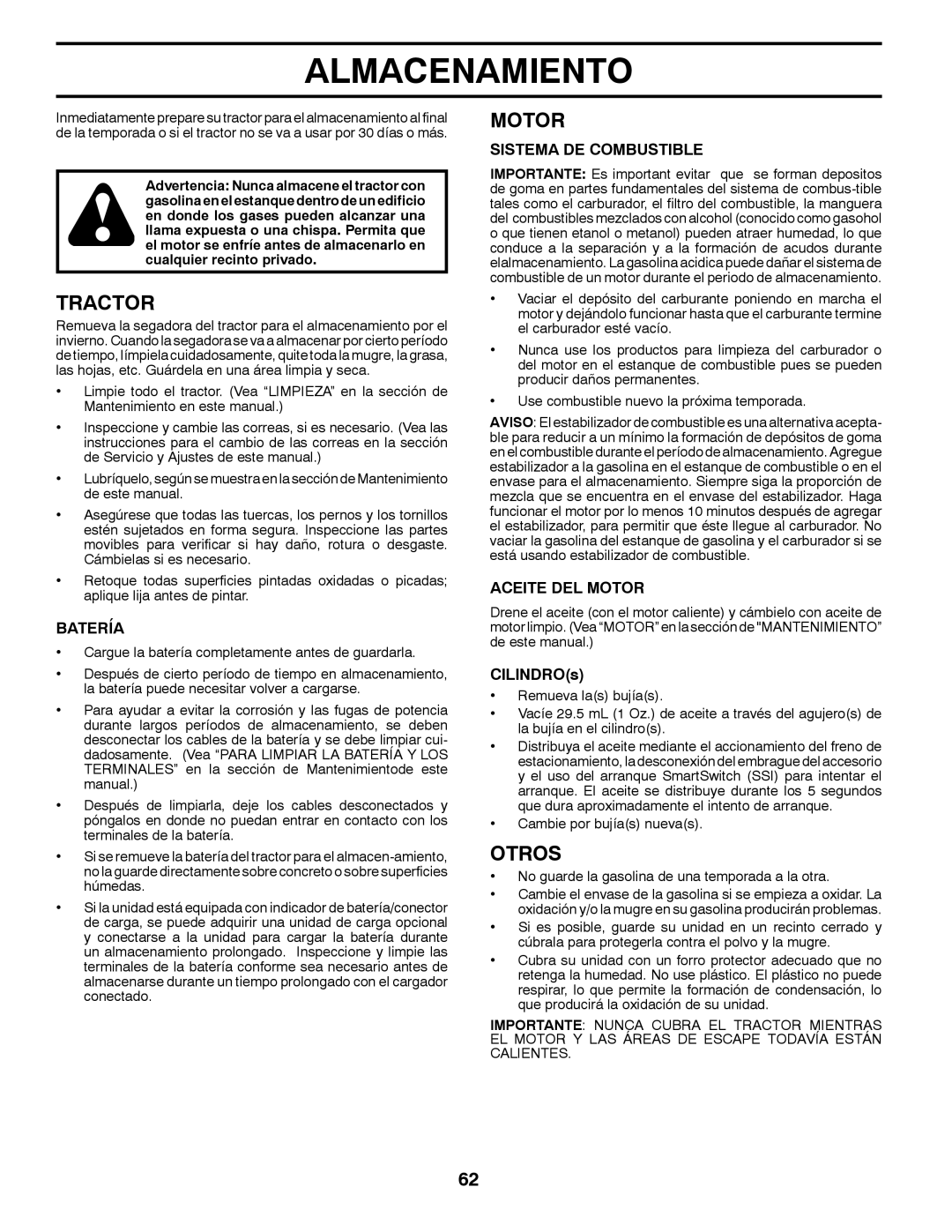 Husqvarna GT48XLSi warranty Almacenamiento, Otros, Sistema DE Combustible, Aceite DEL Motor, CILINDROs 