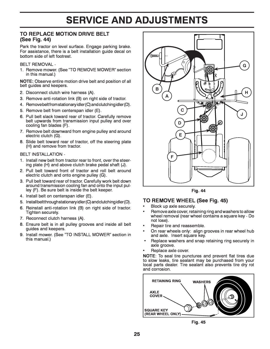 Husqvarna GT48XLSi warranty TO REPLACE MOTION DRIVE BELT See Fig, TO REMOVE WHEEL See Fig, Service And Adjustments 