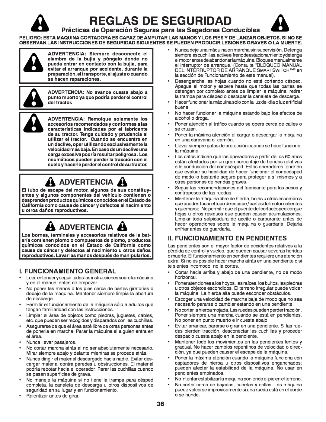 Husqvarna GT48XLSi warranty Reglas De Seguridad, Advertencia, I. Funcionamiento General, Ii. Funcionamiento En Pendientes 