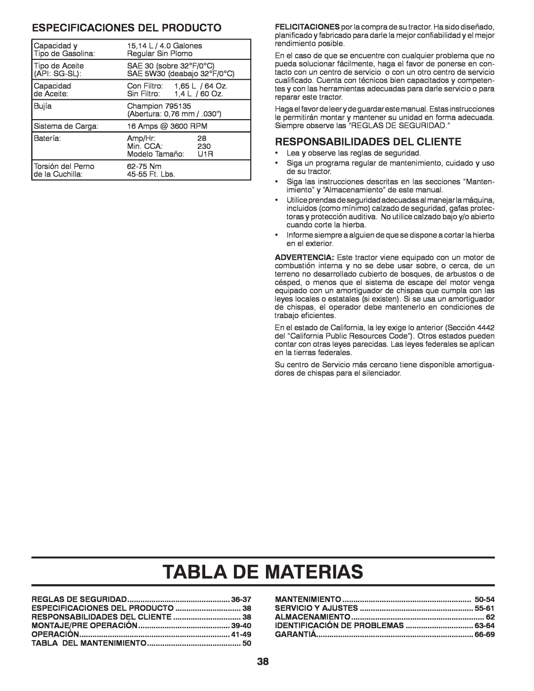 Husqvarna GT48XLSi warranty Tabla De Materias, Especificaciones Del Producto, Responsabilidades Del Cliente 