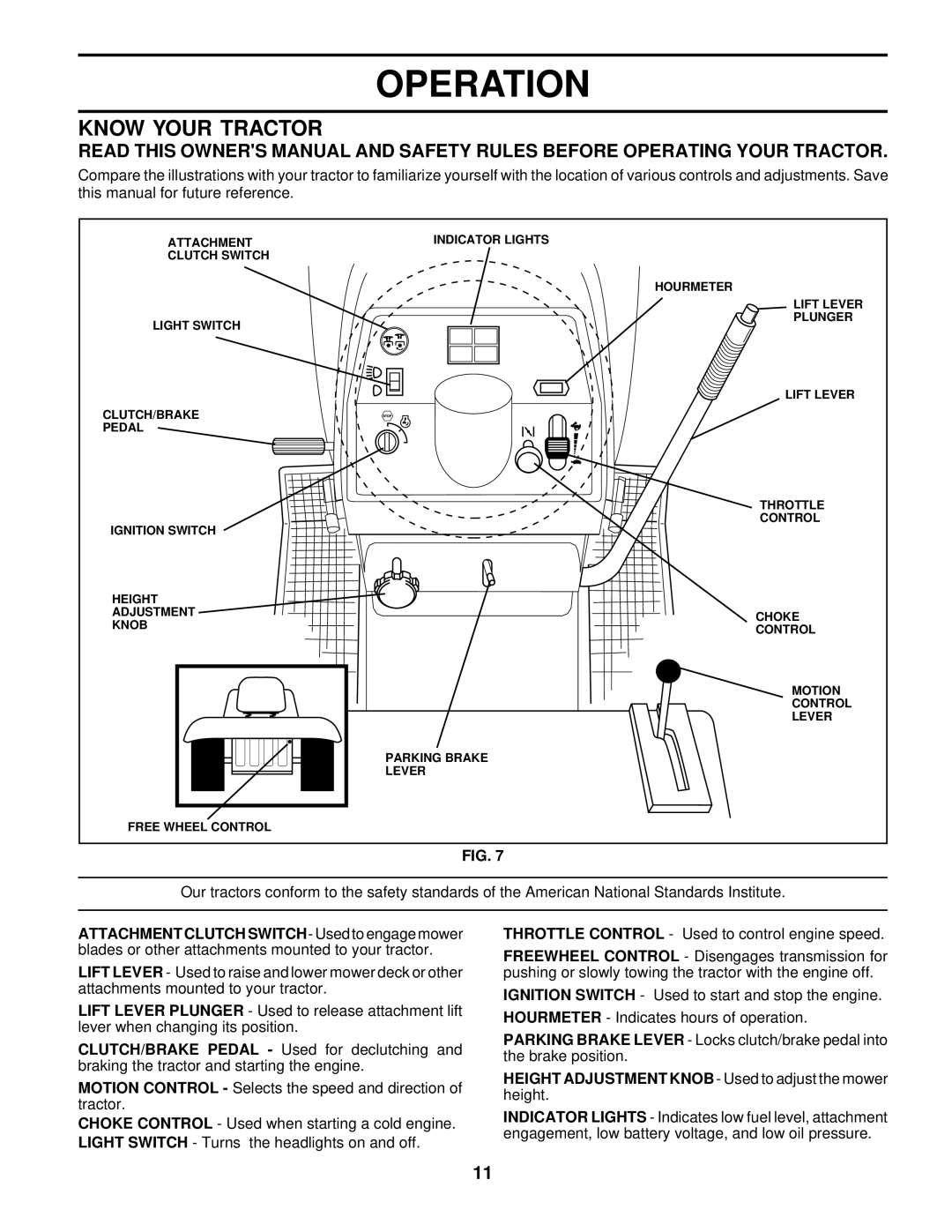 Husqvarna GTH220 owner manual Know Your Tractor, Height Adjustment Knob Used to adjust the mower height 