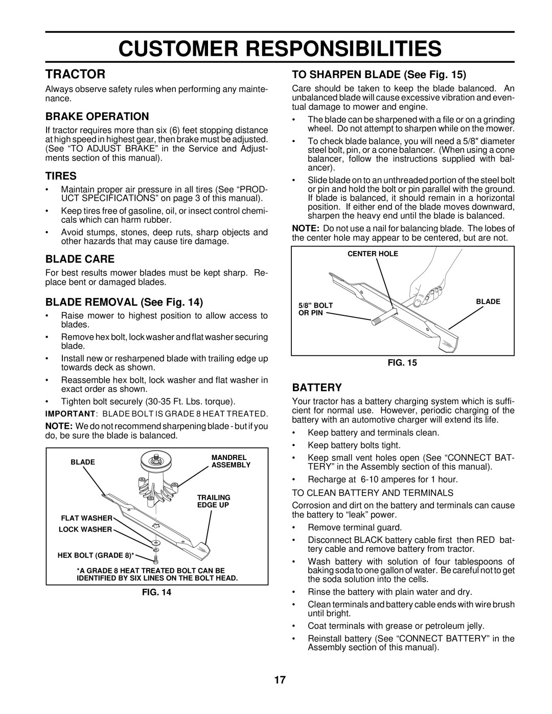 Husqvarna GTH220 owner manual Tractor, Brake Operation, Tires, Blade Care, Battery 