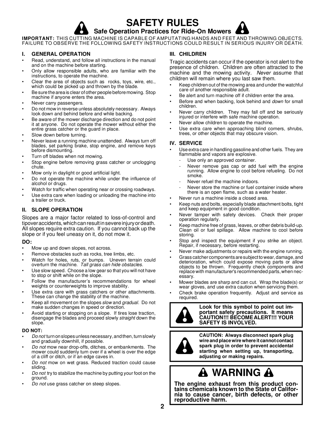 Husqvarna GTH220 owner manual Safety Rules, Safe Operation Practices for Ride-On Mowers 