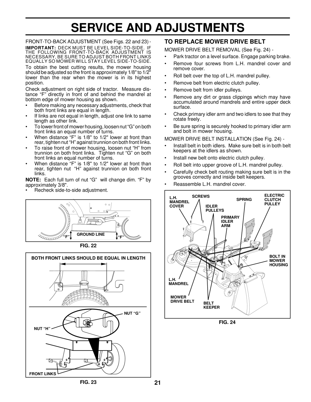 Husqvarna GTH220 owner manual To Replace Mower Drive Belt, FRONT-TO-BACK Adjustment See Figs 