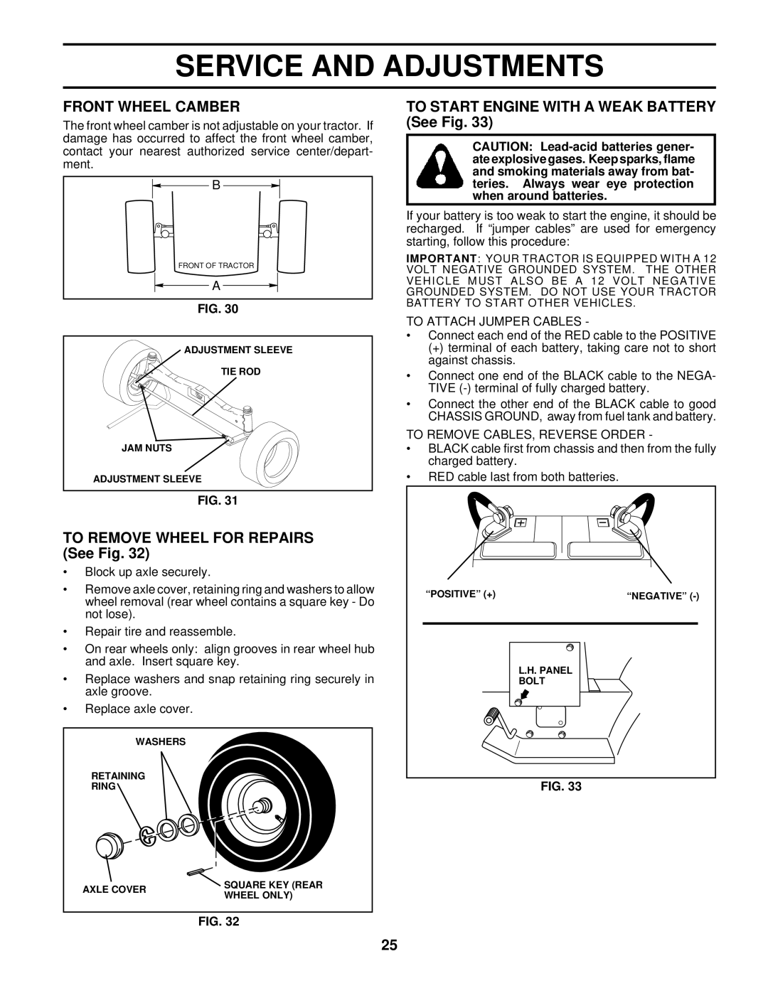 Husqvarna GTH220 Front Wheel Camber, To Remove Wheel for Repairs See Fig, To Start Engine with a Weak Battery See Fig 