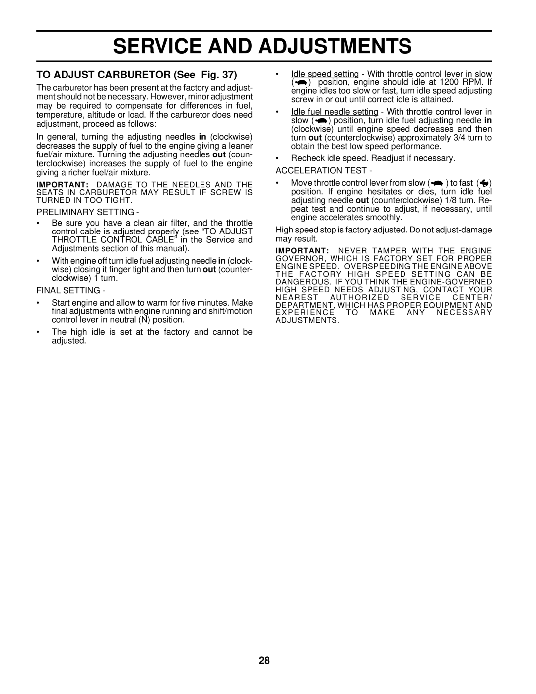 Husqvarna GTH220 owner manual To Adjust Carburetor See Fig, Preliminary Setting, Final Setting, Acceleration Test 