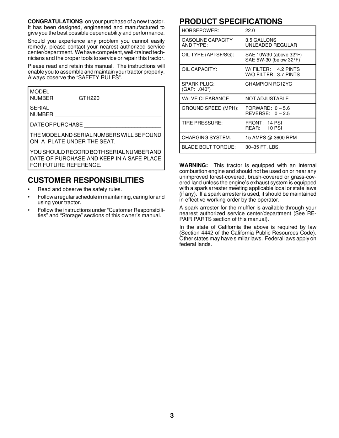 Husqvarna owner manual Customer Responsibilities, Product Specifications, Model Number GTH220 Serial 