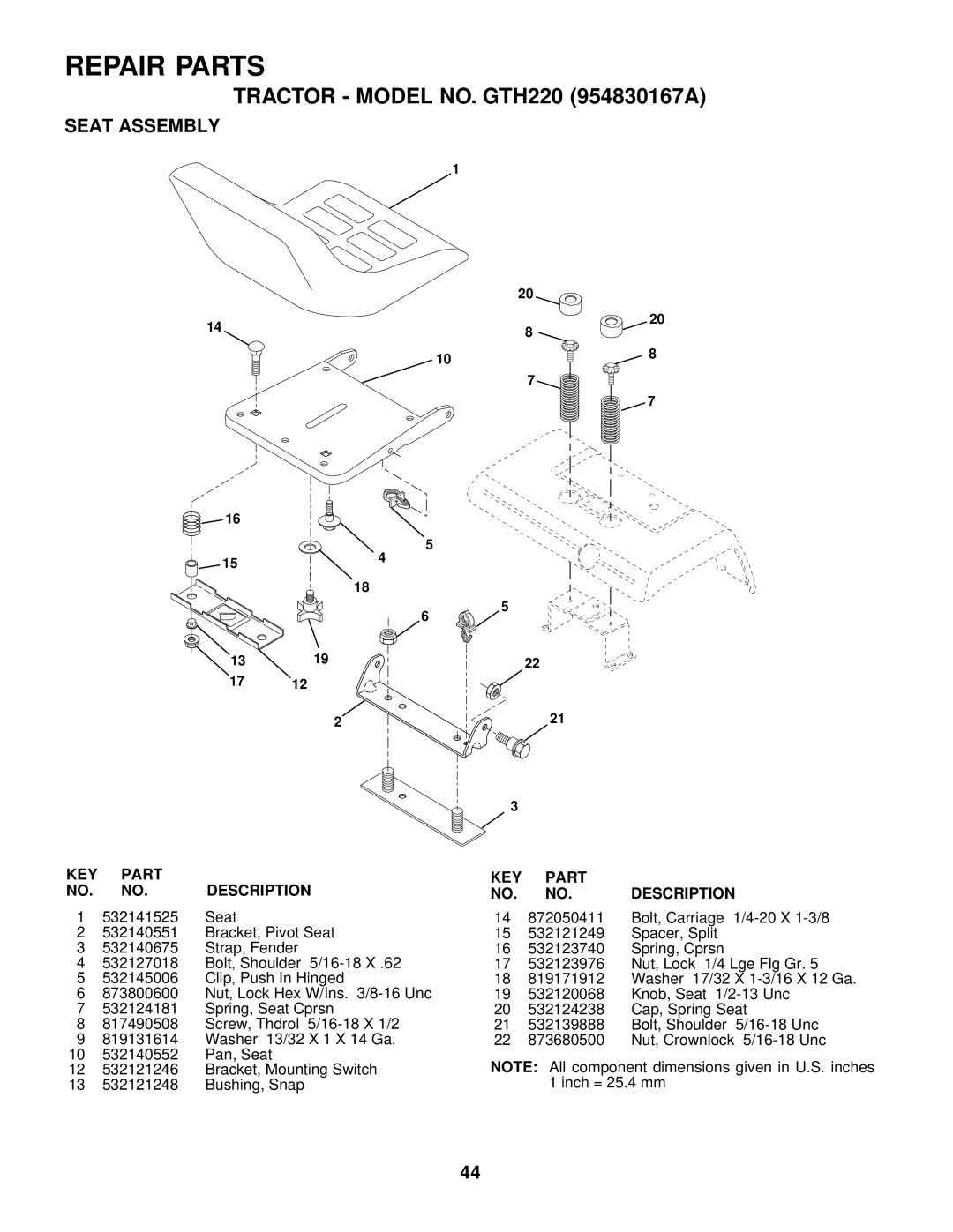 Husqvarna GTH220 owner manual Seat Assembly 