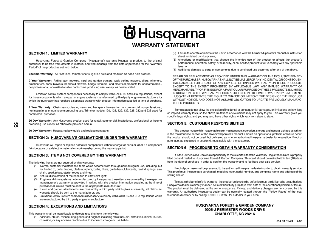 Husqvarna GTH220 owner manual Warranty Statement, Limited Warranty 