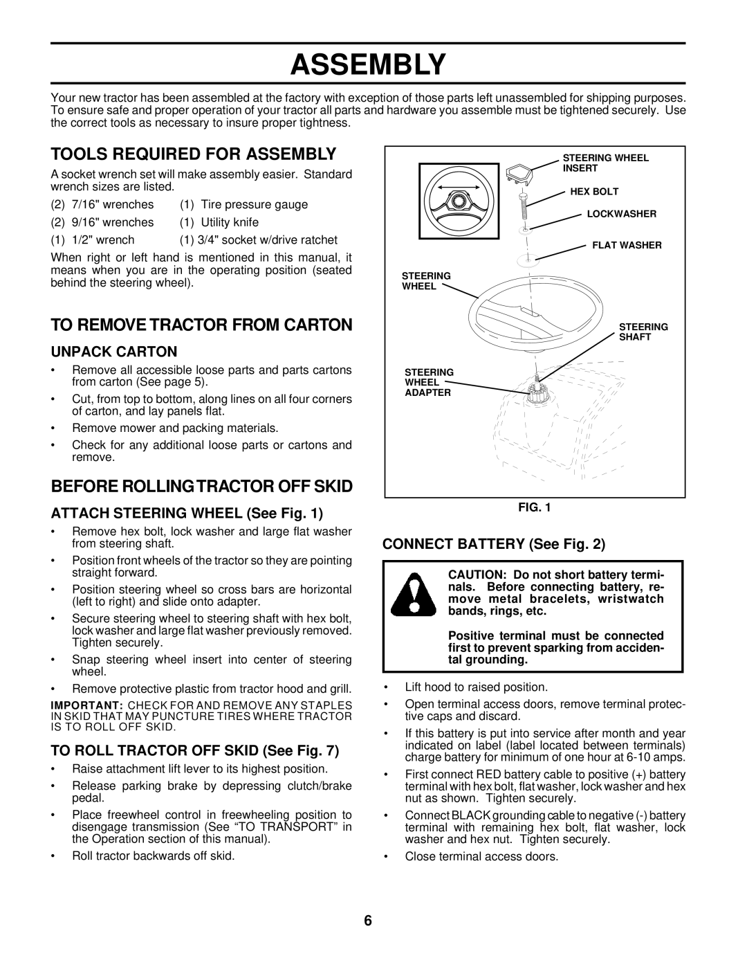 Husqvarna GTH220 Tools Required for Assembly, To Remove Tractor from Carton, Before Rolling Tractor OFF Skid 