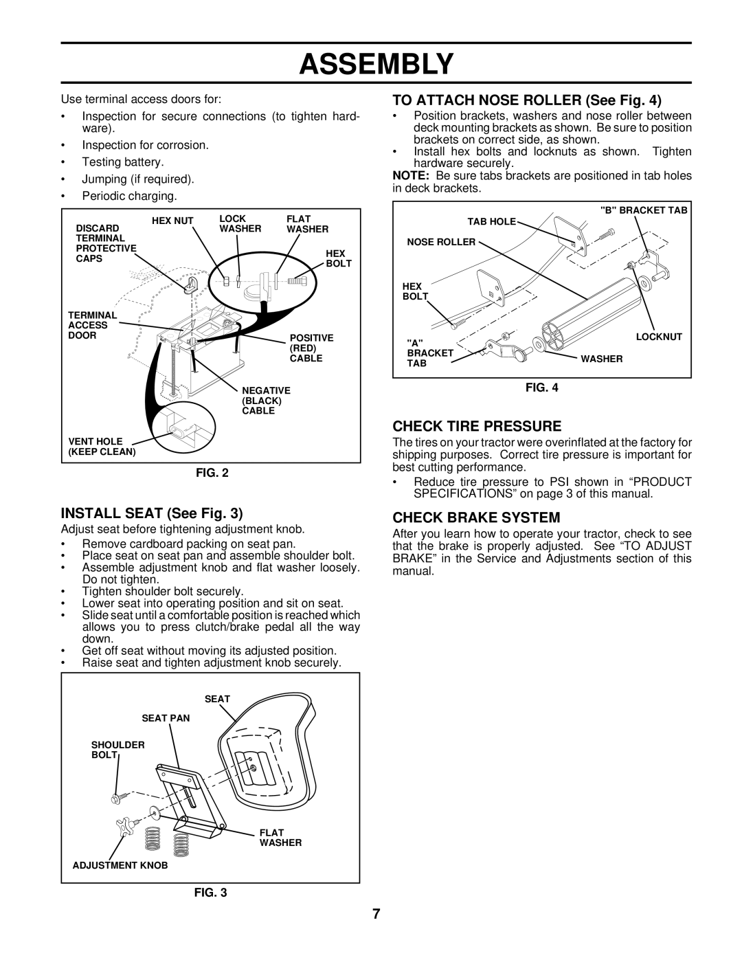 Husqvarna GTH220 owner manual To Attach Nose Roller See Fig, Check Tire Pressure, Install Seat See Fig, Check Brake System 