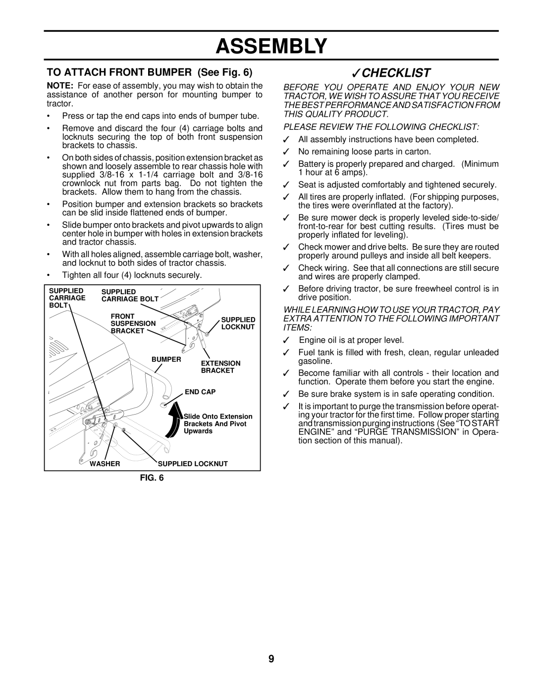 Husqvarna GTH220 owner manual Checklist, To Attach Front Bumper See Fig 