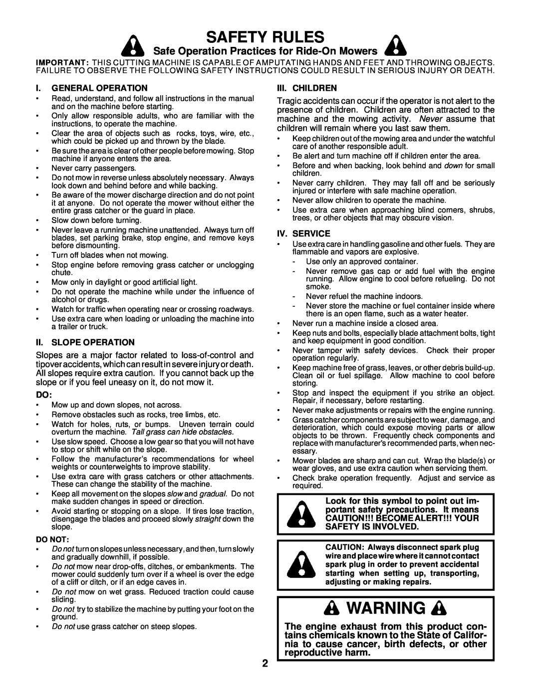 Husqvarna GTH220 Safety Rules, Safe Operation Practices for Ride-On Mowers, I. General Operation, Ii. Slope Operation 