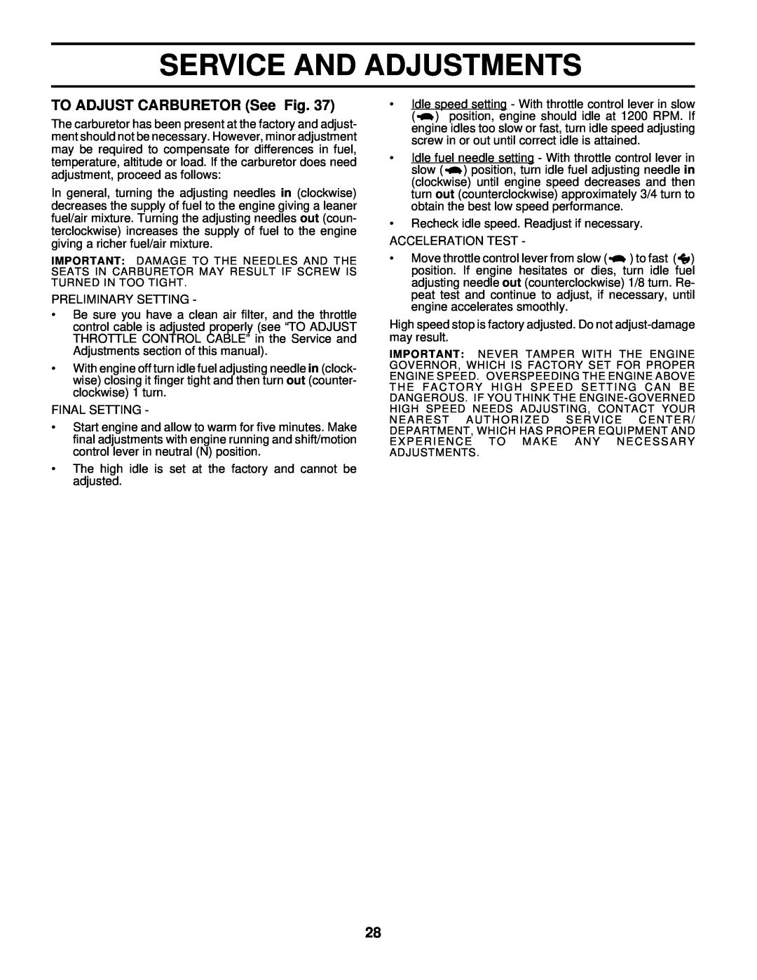 Husqvarna GTH220 owner manual TO ADJUST CARBURETOR See Fig, Service And Adjustments 