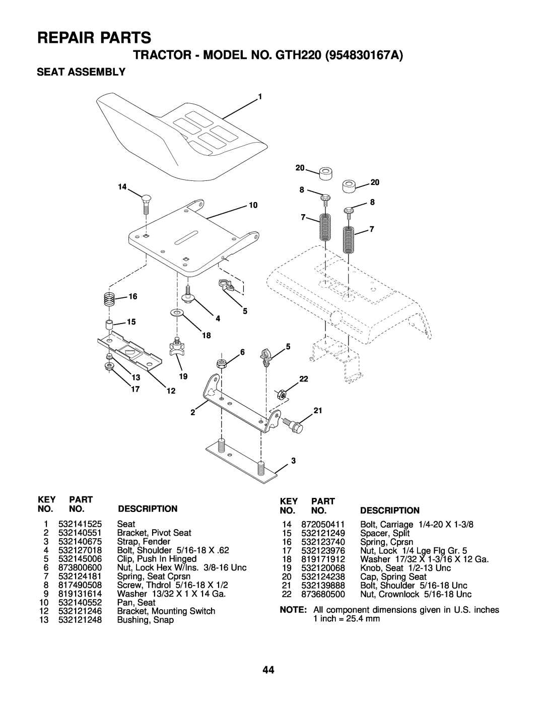 Husqvarna owner manual Seat Assembly, Repair Parts, TRACTOR - MODEL NO. GTH220 954830167A, Description 