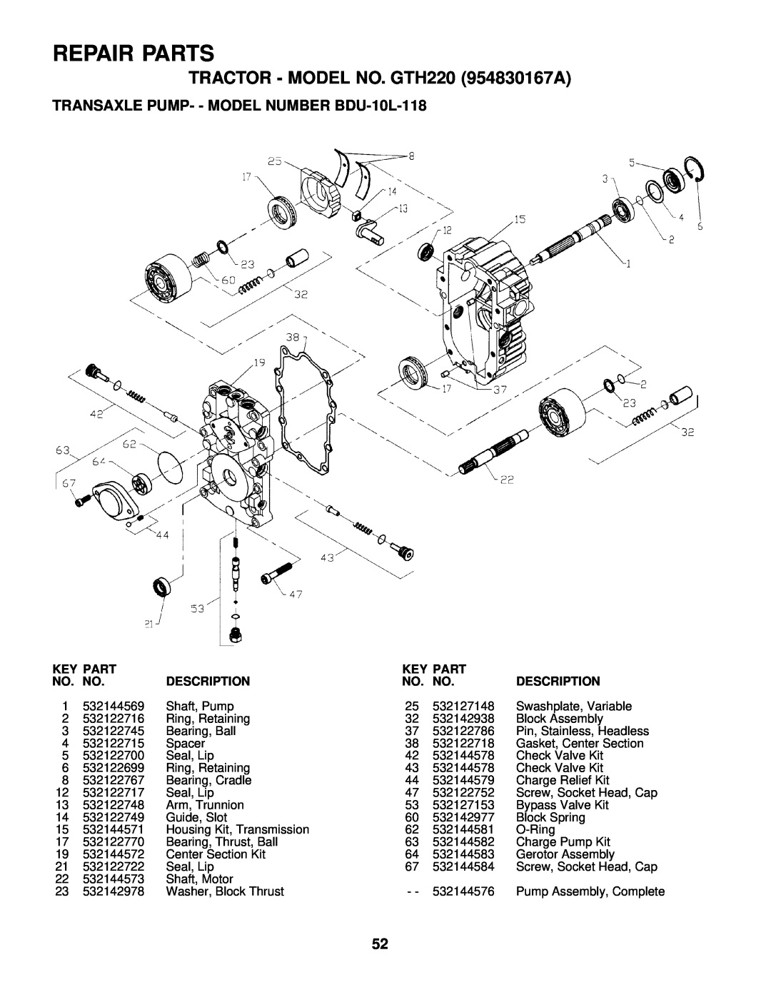 Husqvarna TRANSAXLE PUMP- - MODEL NUMBER BDU-10L-118, Repair Parts, TRACTOR - MODEL NO. GTH220 954830167A, Description 