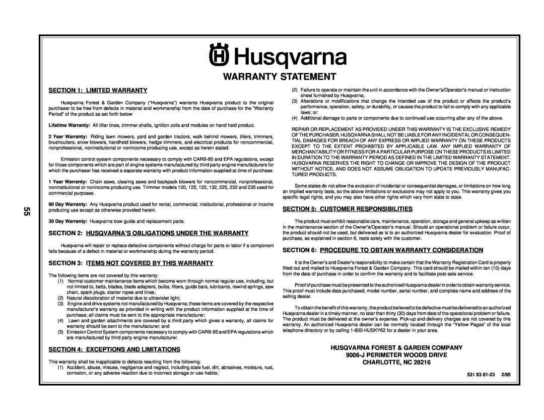 Husqvarna GTH220 Warranty Statement, Limited Warranty, Husqvarna’S Obligations Under The Warranty, Charlotte, Nc 