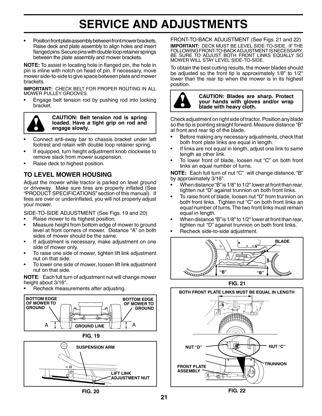 Husqvarna GTH2248XP owner manual To Level Mower Housing, FRONT-TO-BACK Adjustment See Figs 