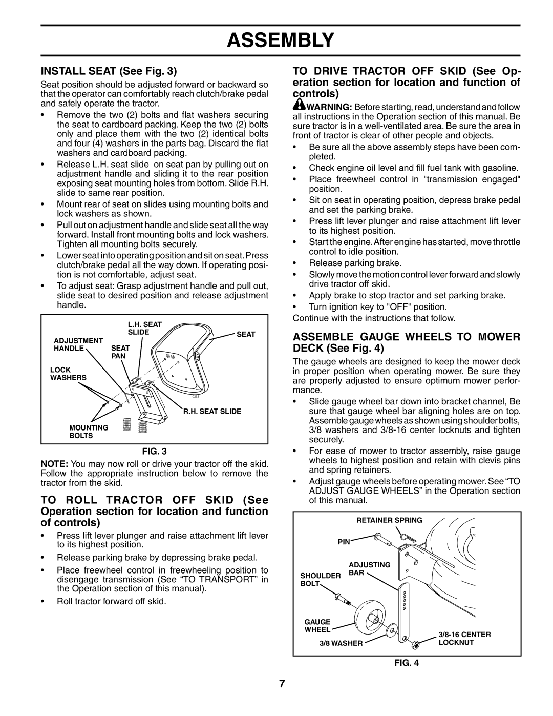 Husqvarna GTH2248XP owner manual Install Seat See Fig, Assemble Gauge Wheels to Mower Deck See Fig 