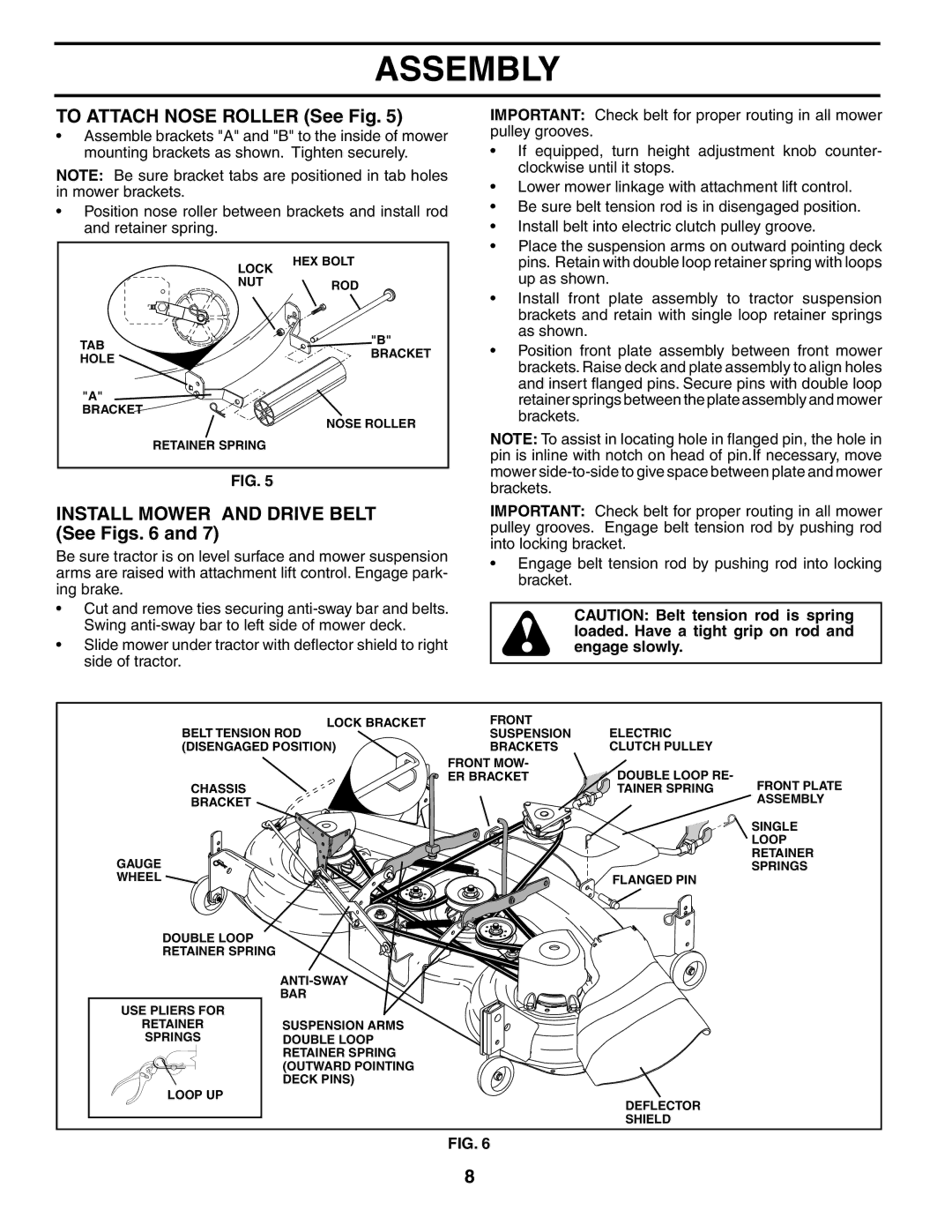 Husqvarna GTH2248XP owner manual To Attach Nose Roller See Fig, Install Mower and Drive Belt See Figs 