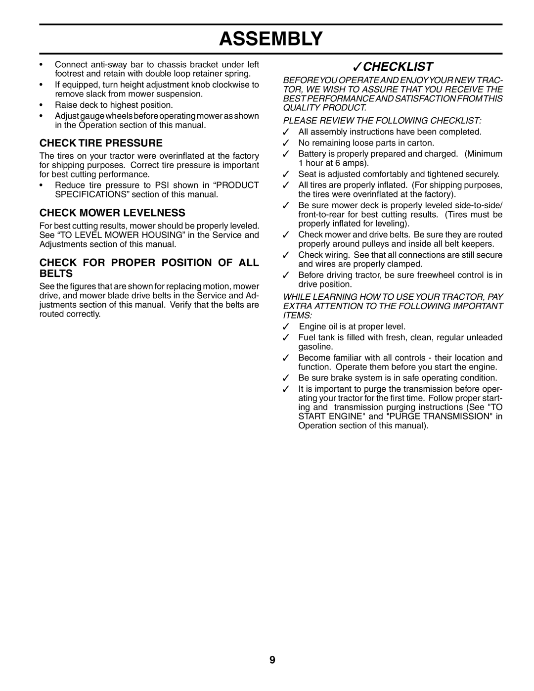 Husqvarna GTH2248XP owner manual Check Tire Pressure, Check Mower Levelness, Check for Proper Position of ALL Belts 