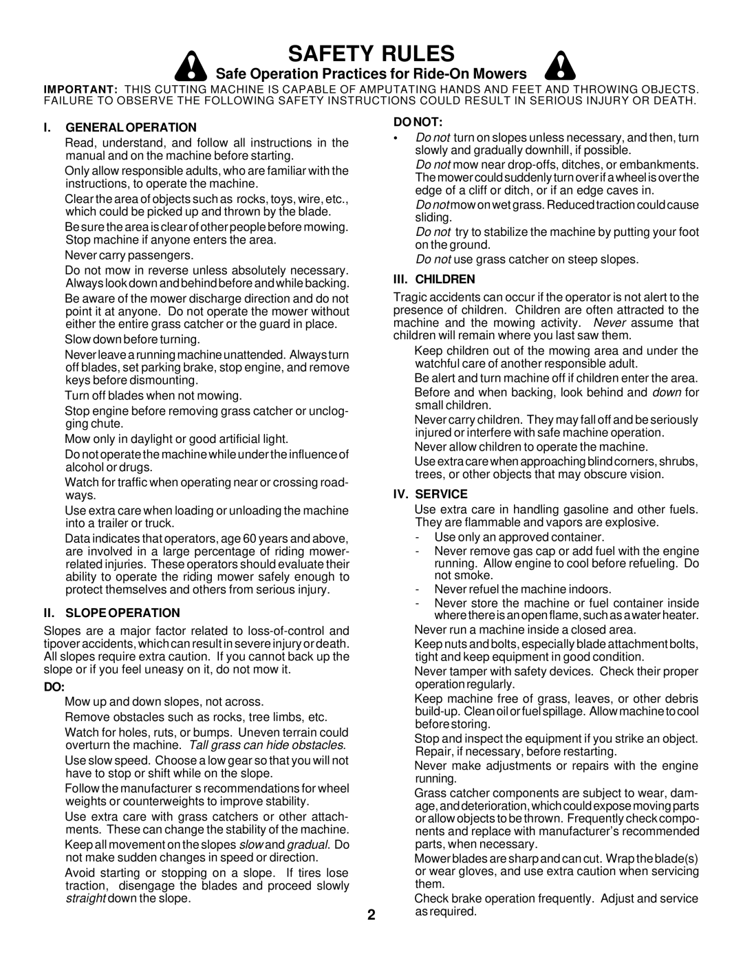 Husqvarna GTH225 owner manual Safety Rules, Safe Operation Practices for Ride-On Mowers 