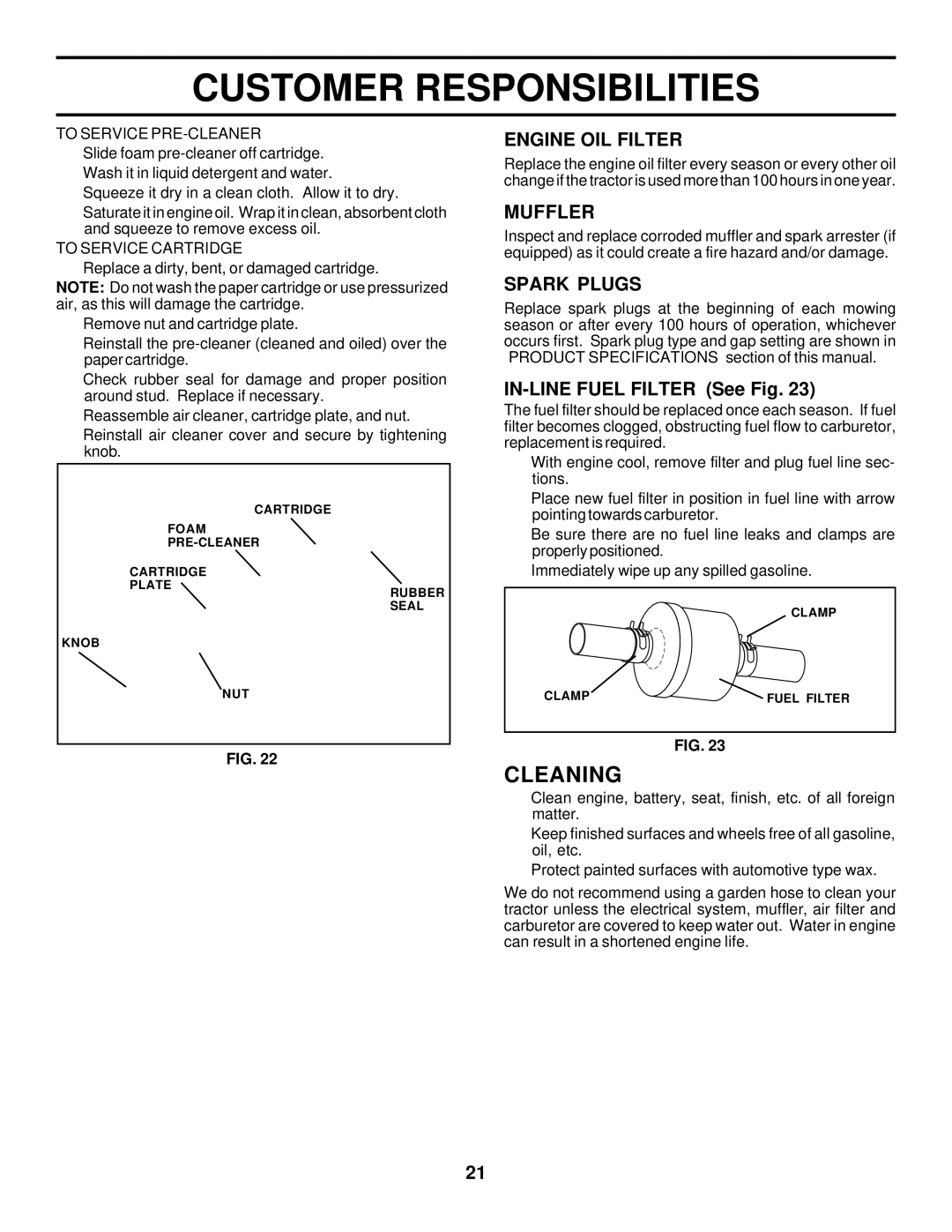 Husqvarna GTH225 owner manual Cleaning, Engine OIL Filter, Muffler, Spark Plugs, IN-LINE Fuel Filter See Fig 