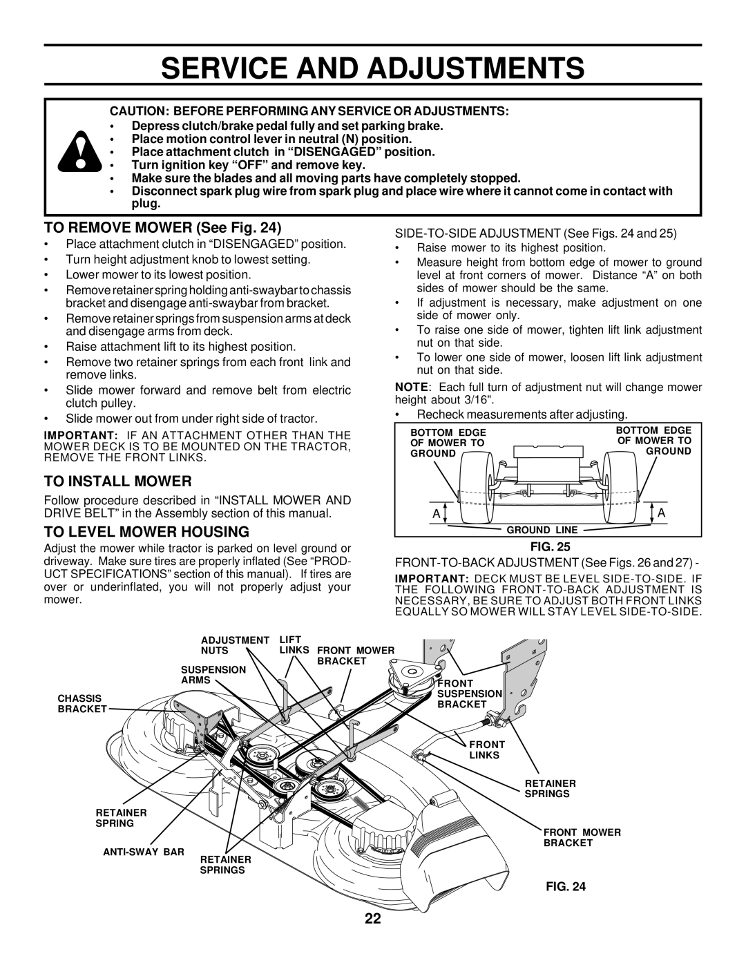 Husqvarna GTH225 owner manual Service and Adjustments, To Remove Mower See Fig, To Install Mower, To Level Mower Housing 