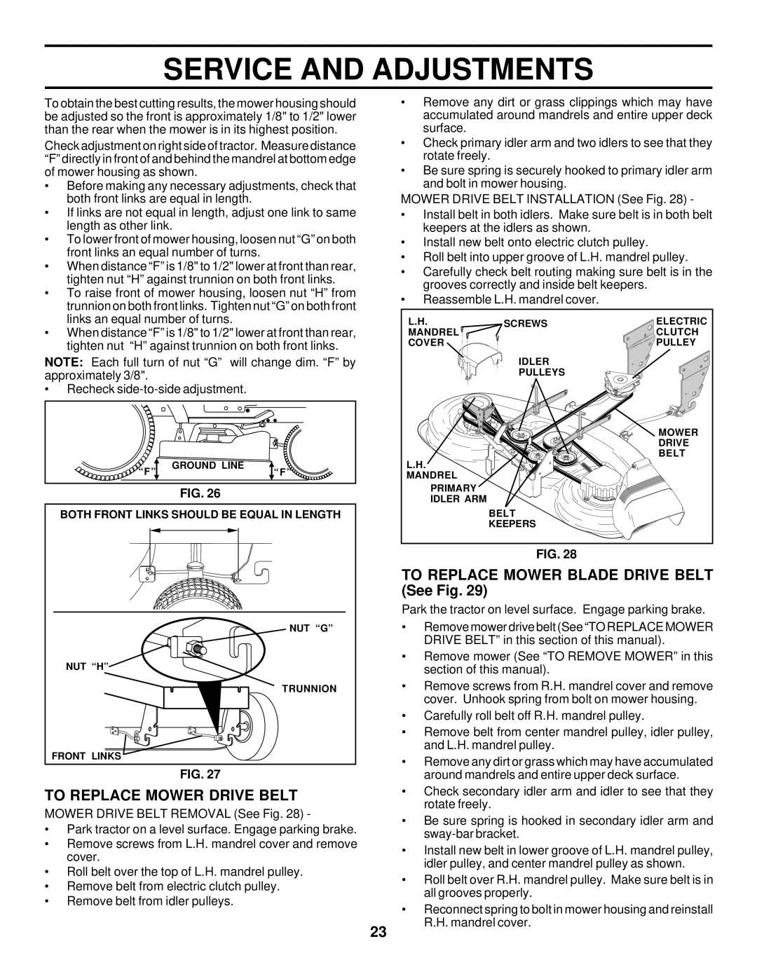 Husqvarna GTH225 owner manual To Replace Mower Drive Belt, To Replace Mower Blade Drive Belt See Fig 