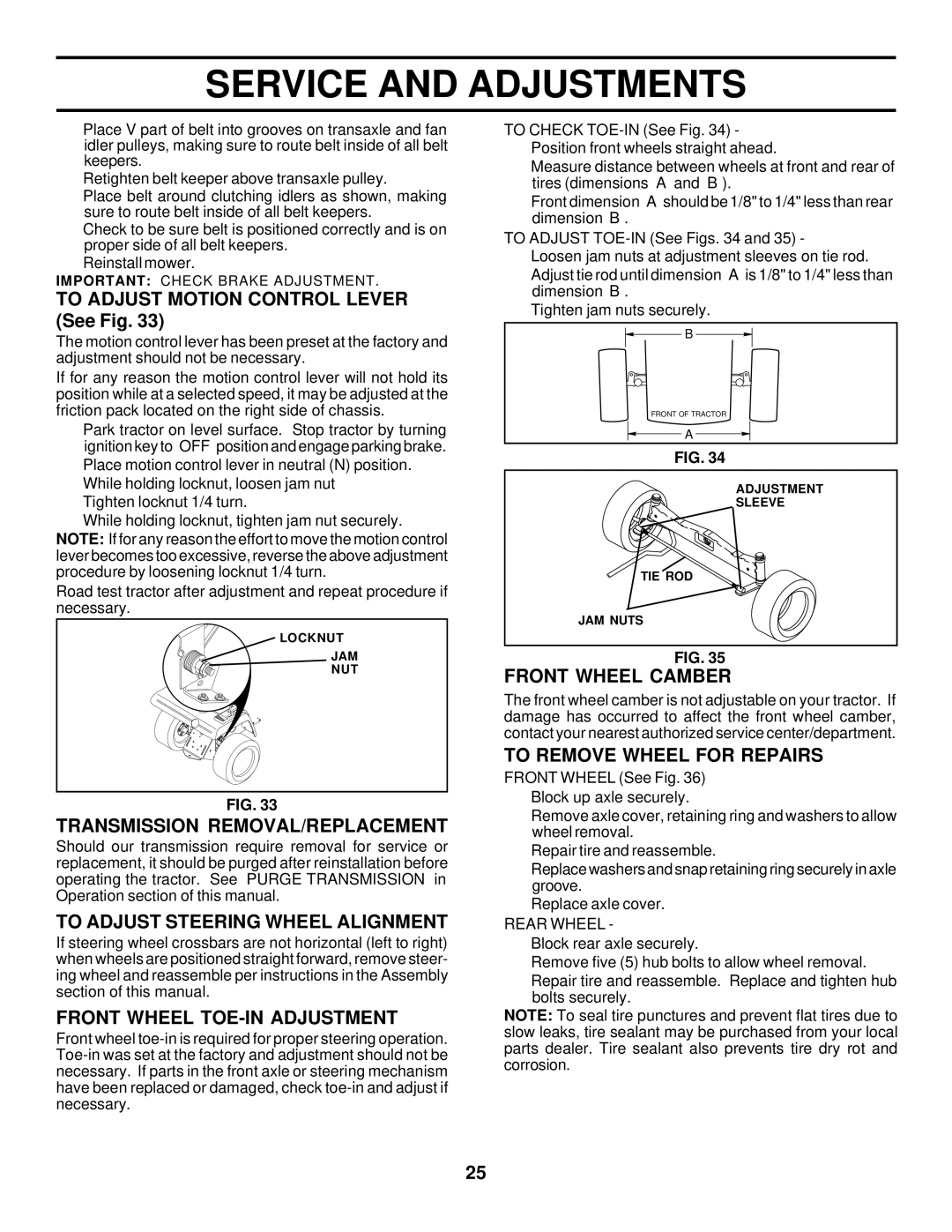 Husqvarna GTH225 Transmission REMOVAL/REPLACEMENT, To Adjust Steering Wheel Alignment, Front Wheel TOE-IN Adjustment 