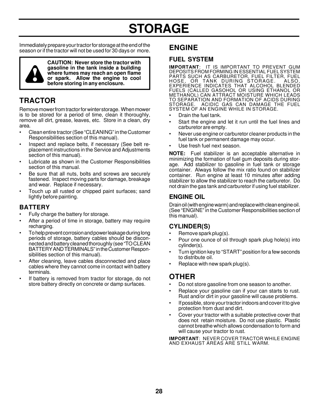 Husqvarna GTH225 owner manual Storage, Other, Fuel System, Engine OIL, Cylinders 