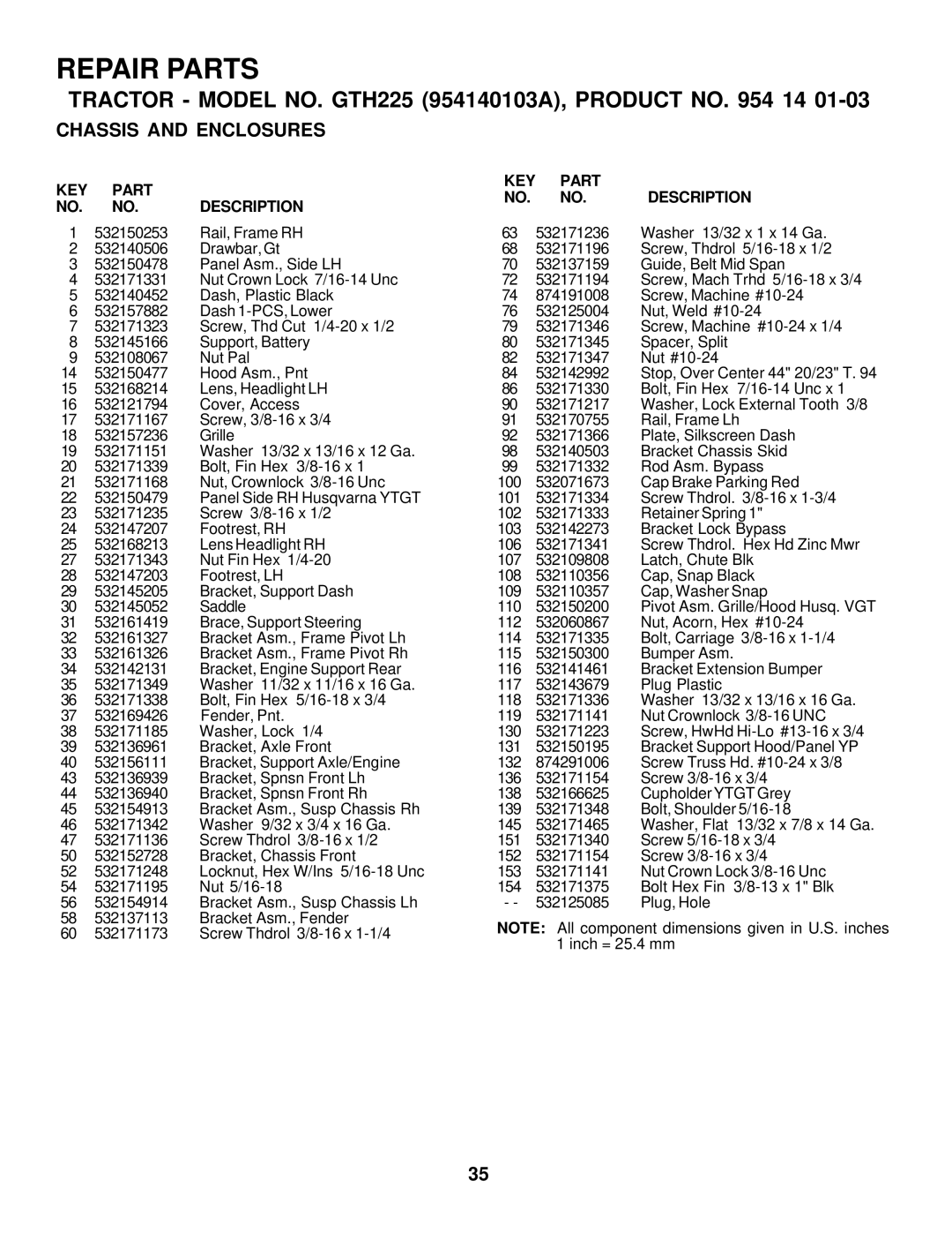 Husqvarna GTH225 owner manual Repair Parts 