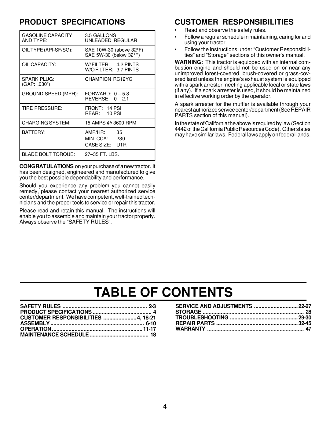 Husqvarna GTH225 owner manual Table of Contents 