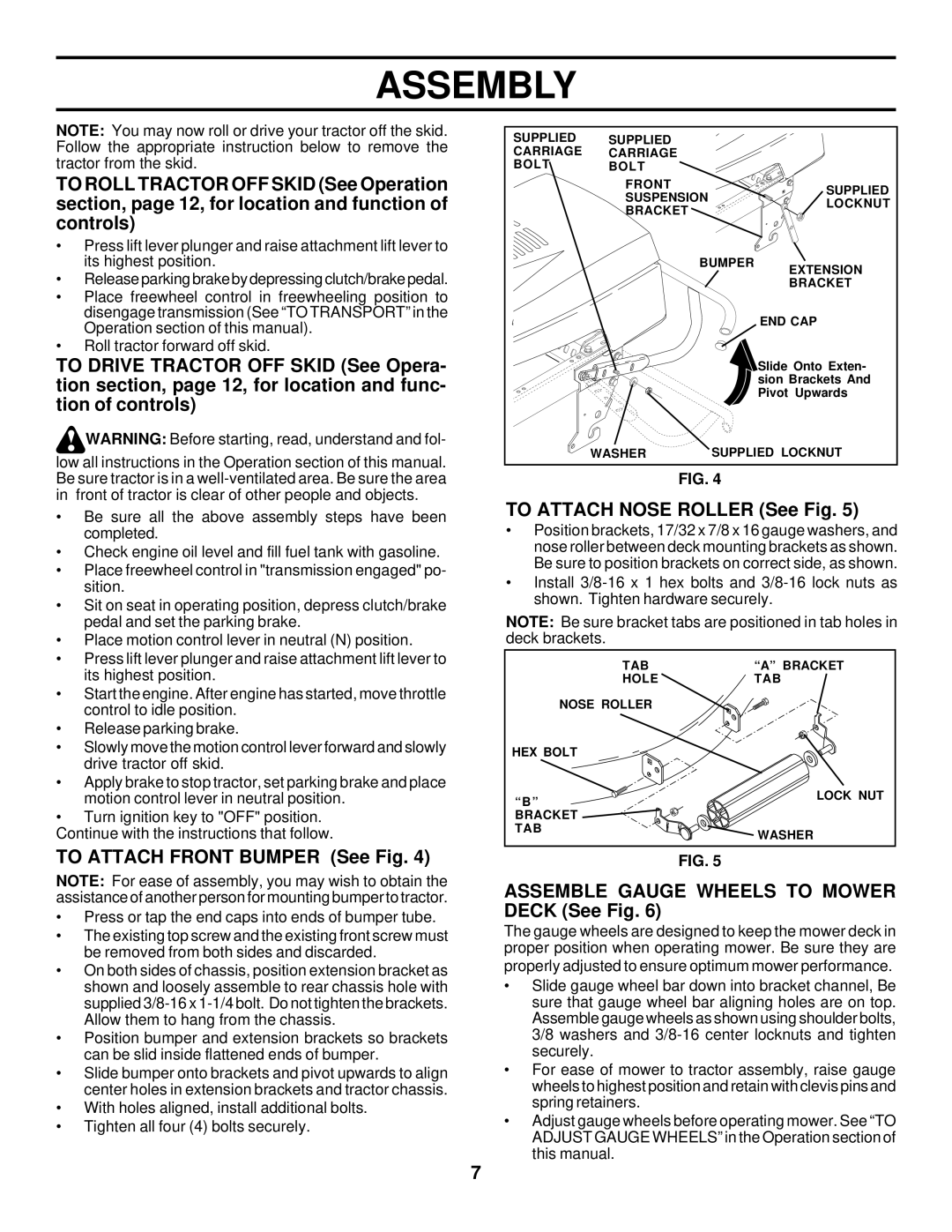 Husqvarna GTH225 owner manual To Attach Front Bumper See Fig, To Attach Nose Roller See Fig 