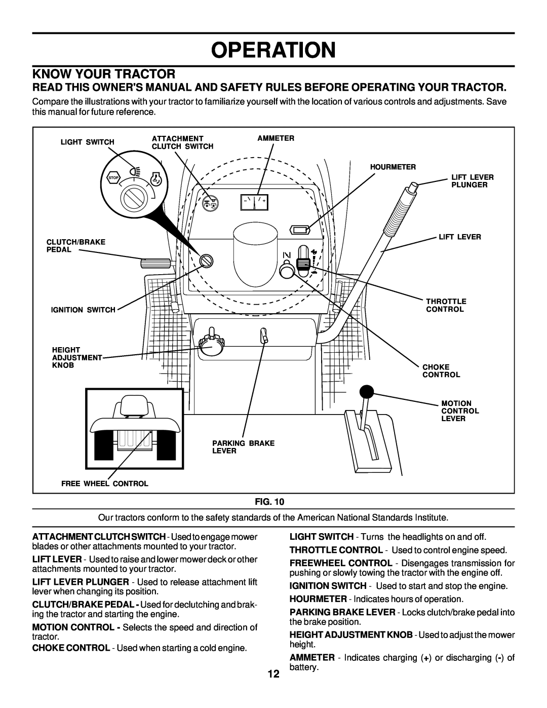 Husqvarna GTH225 owner manual Know Your Tractor, Operation, HEIGHT ADJUSTMENT KNOB - Used to adjust the mower height 