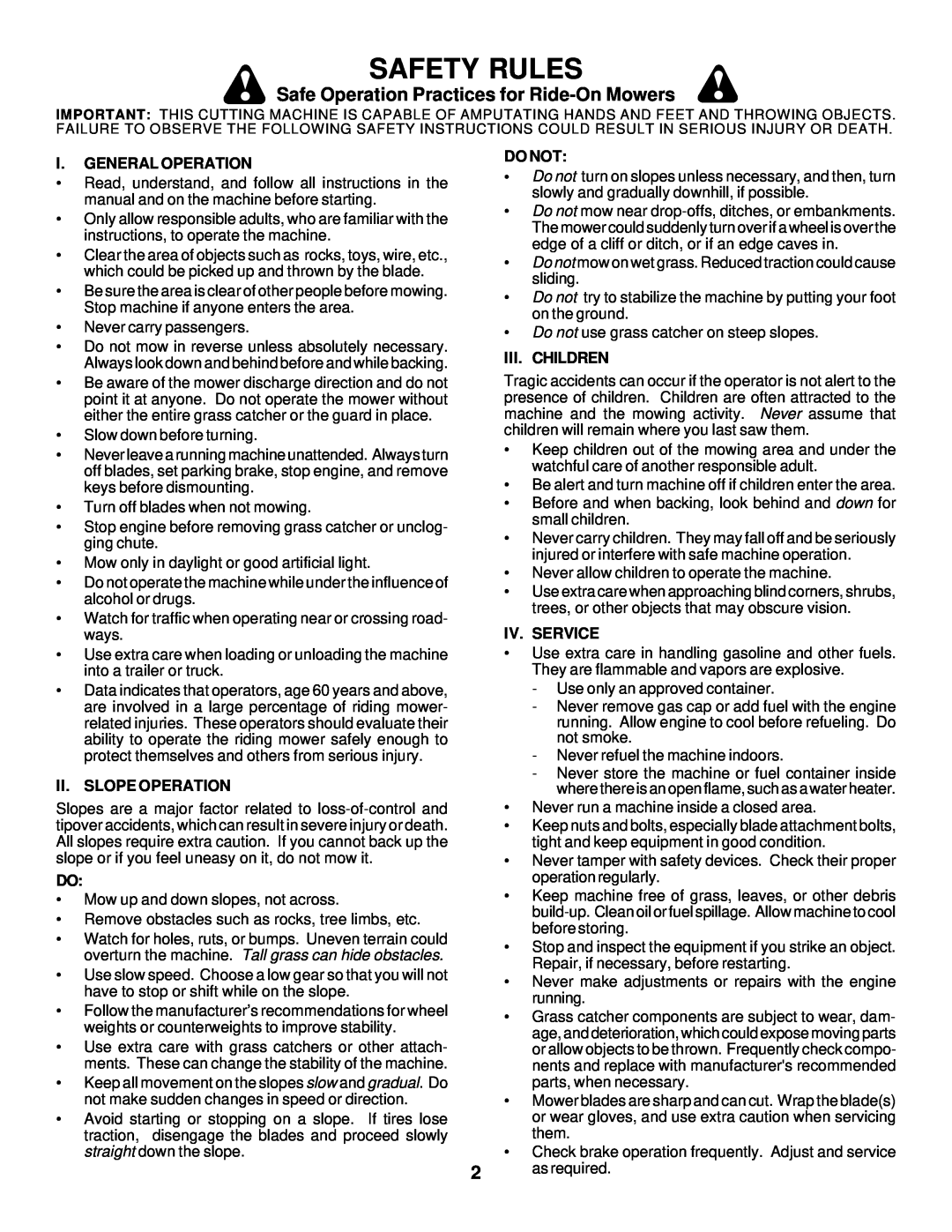 Husqvarna GTH225 owner manual Safety Rules, Safe Operation Practices for Ride-On Mowers 