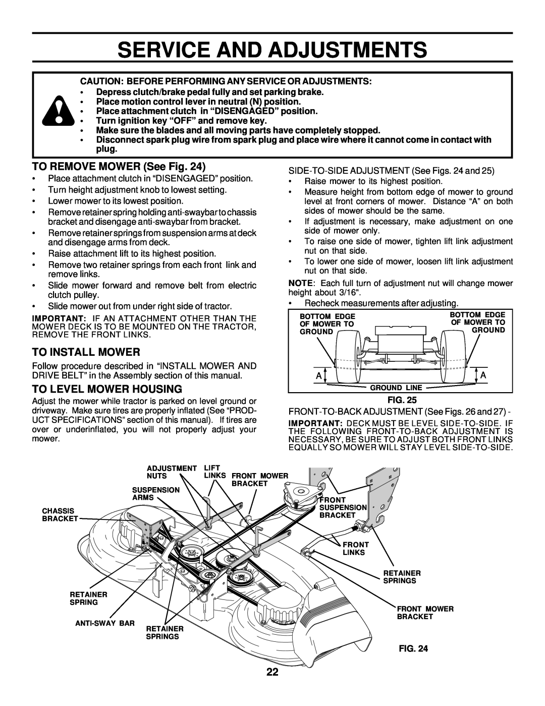 Husqvarna GTH225 owner manual Service And Adjustments, TO REMOVE MOWER See Fig, To Install Mower, To Level Mower Housing 