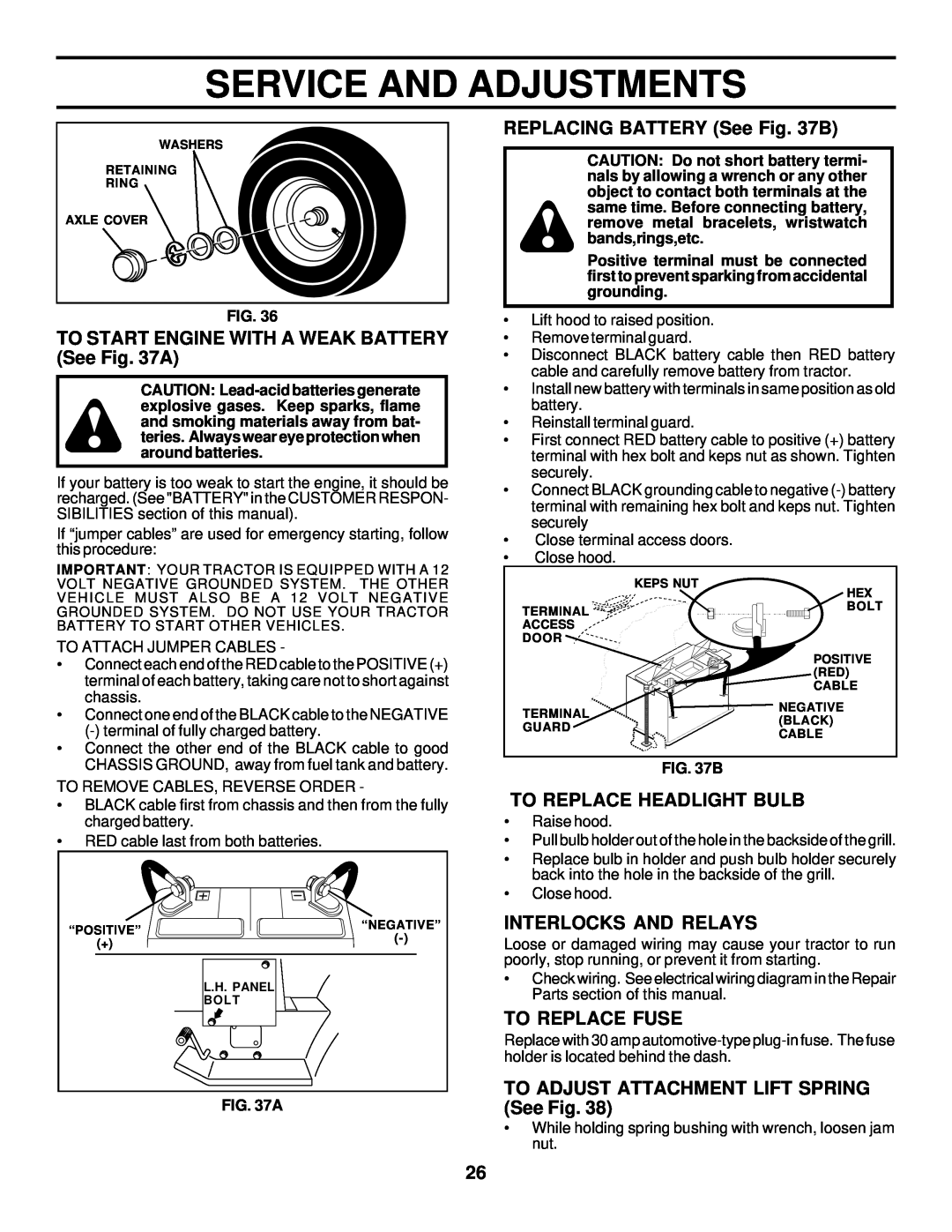 Husqvarna GTH225 owner manual TO START ENGINE WITH A WEAK BATTERY See A, REPLACING BATTERY See B, To Replace Headlight Bulb 