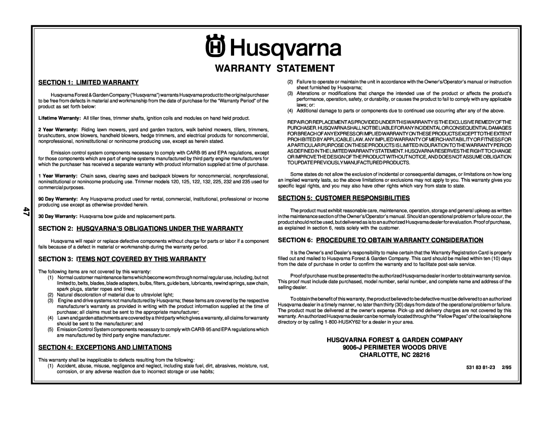 Husqvarna GTH225 Warranty Statement, Limited Warranty, Husqvarna’S Obligations Under The Warranty, Charlotte, Nc 